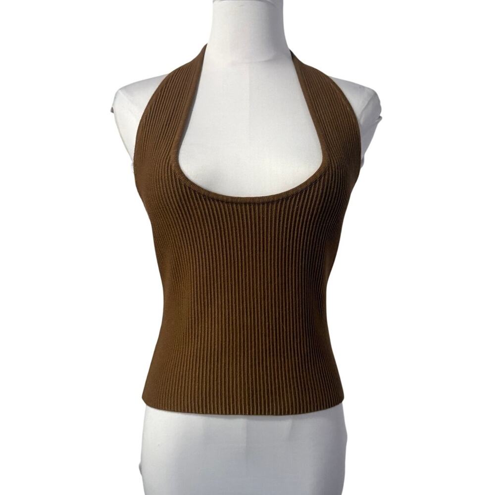 House of Harlow Chocolate Brown Ribbed Knit Halter Top Medium Y2k Stretch Fall